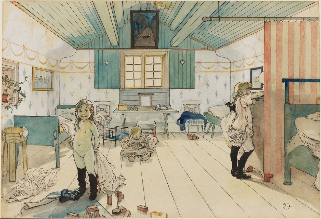 La chambre de la mère et des petites filles. Tiré de Un foyer (26 aquarelles) - Carl Larsson