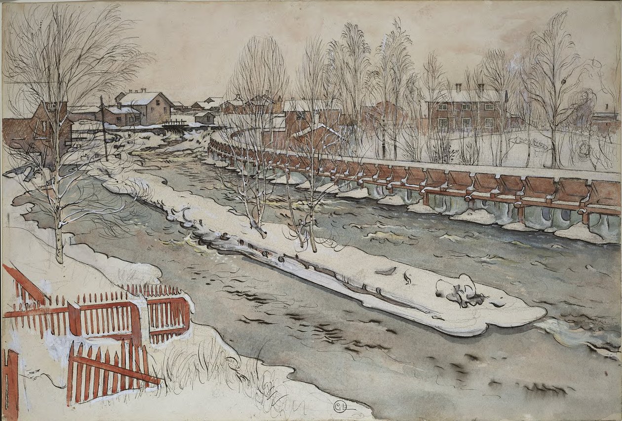 La glissière à grumes. Scène hivernale. Extrait de *A Home* (26 aquarelles) - Carl Larsson