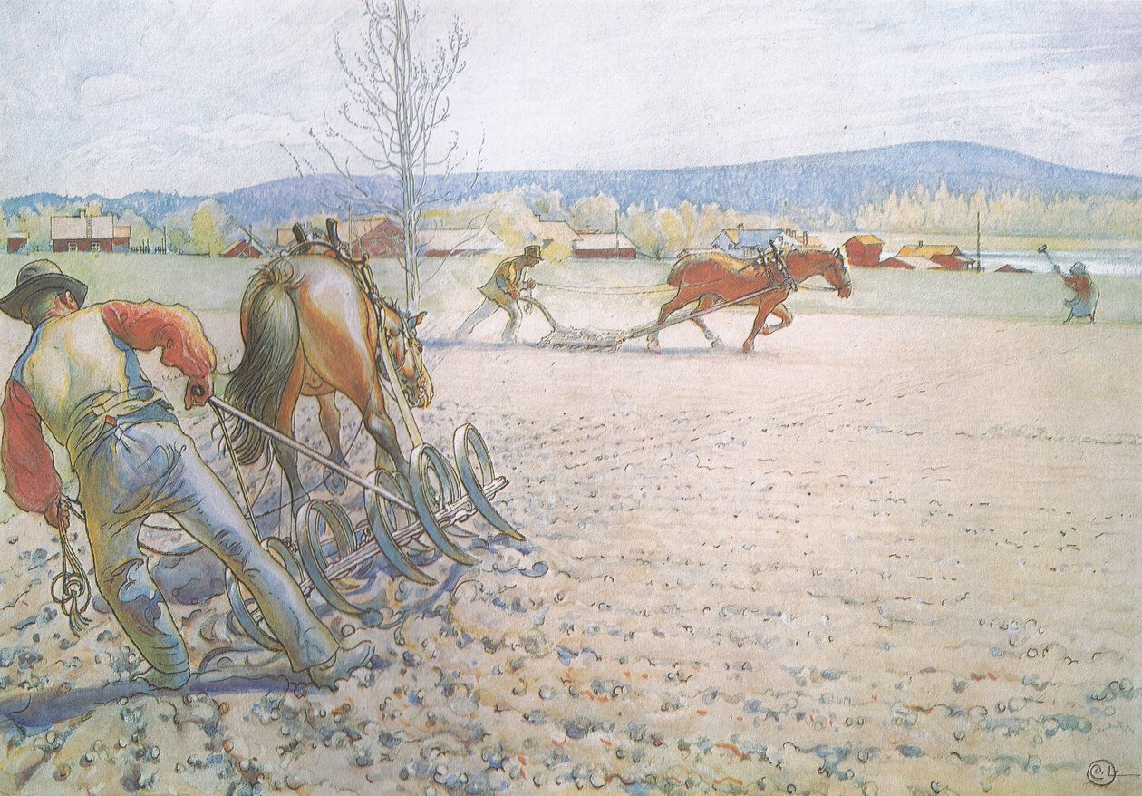 Les deux hommes avec leurs herses travaillaient méthodiquement de long en large - Carl Larsson