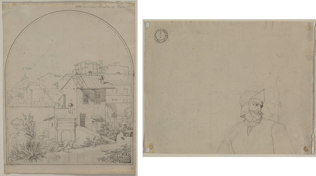 Vue de ma fenêtre à Rome (recto) Soldat dans un paysage (verso) - Carl Ludwig Tischbein