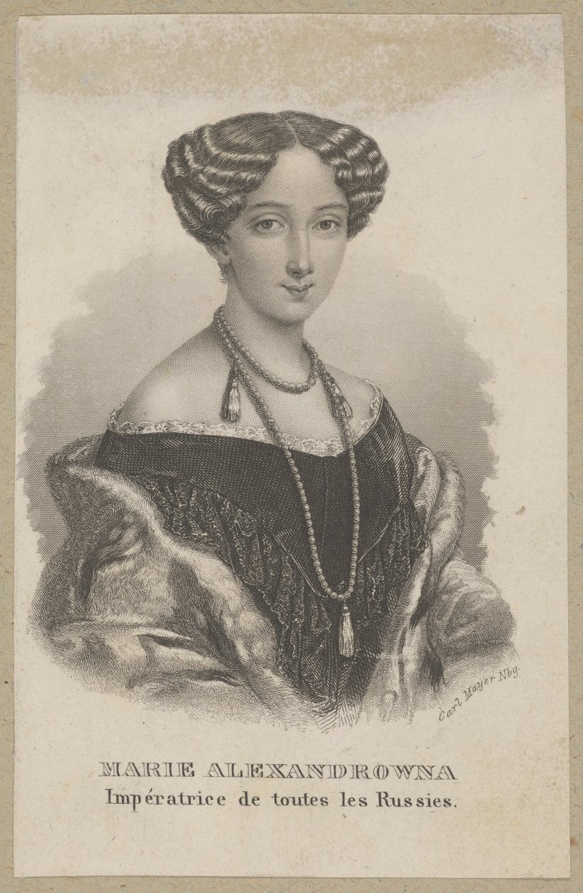 Maria Alexandrovna (née Maximiliana Wilhelmina Maria de Hesse-Darmstadt, 1824 Darmstadt - 1880 Saint-Pétersbourg) - fille cadette de Louis II de Hesse et de Wilhelmine de Bade, princesse de Hesse, impératrice de Russie en tant qu