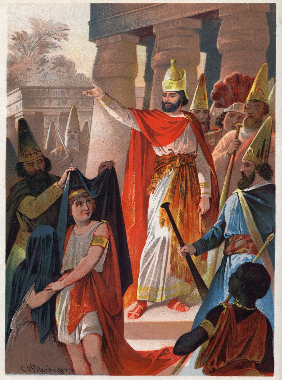 Sur un signe de Sarastro, un prêtre étend de grandes voiles noires sur le prince Tamino et la princesse Pamina. Illustration de Carl Offterdinger (1829-1889) dans « La flûte enchantée » (Die Zauberflöte, flauto magico, The Magic Flute). Collection privée - Carl Offterdinger