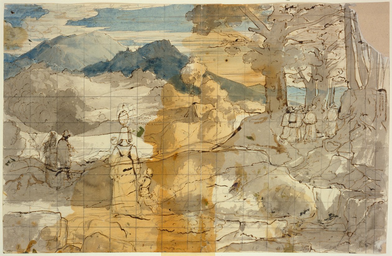 Landschaft bei Rocca Canterano mit einer Frau mit Kindern, Hirten und Pilgern - Carl Philipp Fohr