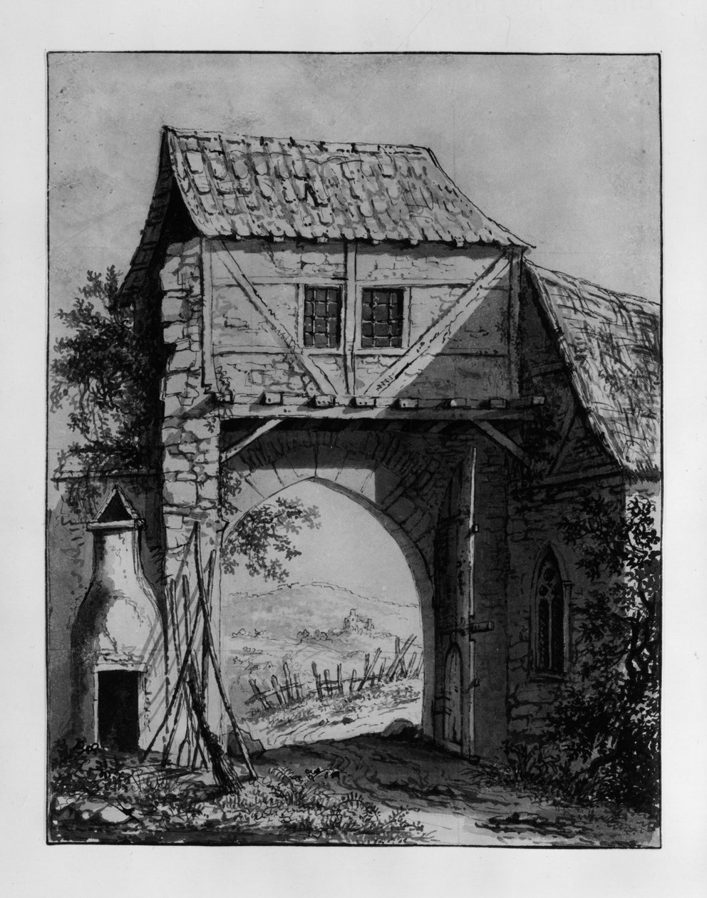 Bâtiment à portail avec vue sur un paysage avec ruine - Carl Philipp Fohr