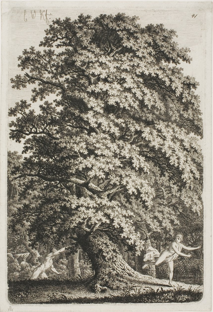 Femme fuyant un homme tenant une lance dans la forêt - Carl Wilhelm Kolbe the elder