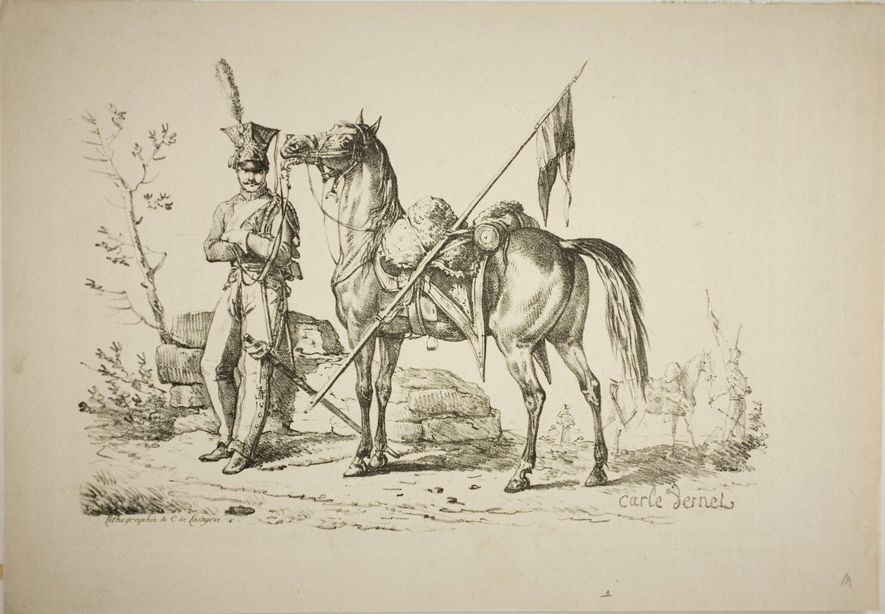 Lancier à pied marchant à côté de son cheval - Carle Vernet
