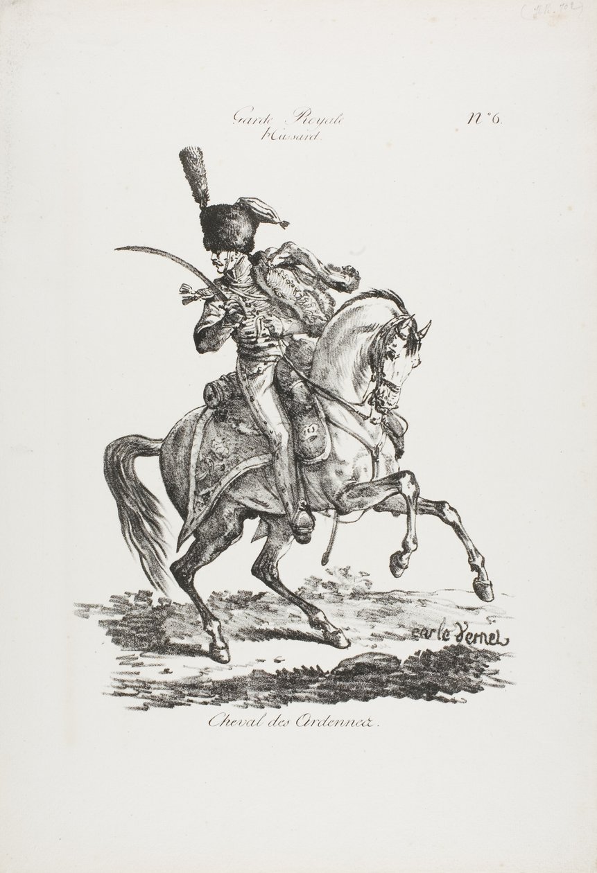 Garde royale, hussard monté et cheval n° 6 - Carle Vernet