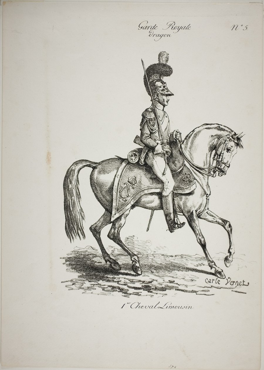 Garde royale, dragon monté normand et cheval, n° 5, premier cheval de Limoges - Carle Vernet
