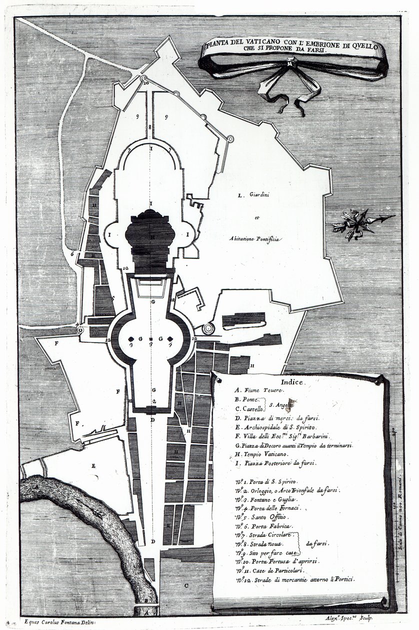 Plan au sol du Vatican, Rome, gravé par Alessandro Specchi - Carlo Fontana