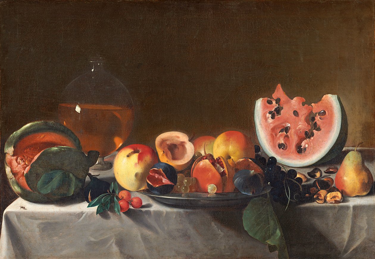 Nature morte avec pastèques et carafe de vin blanc - Carlo Saraceni