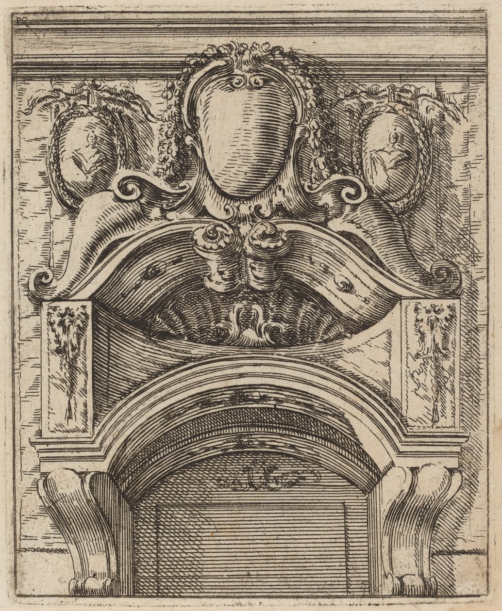Motif architectural avec trois boucliers, deux avec figures - Carlo Antonio Buffagnotti