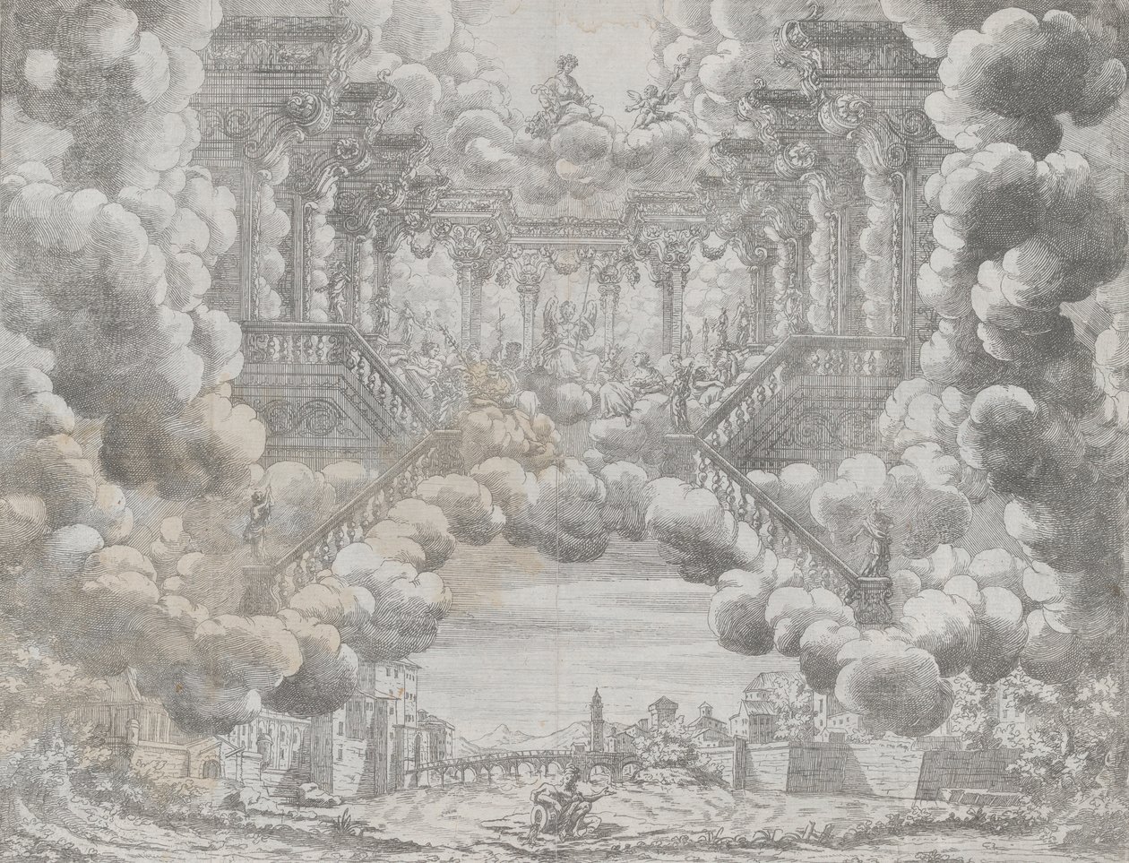 Décor de scène avec des figures allégoriques sur un escalier, de 
