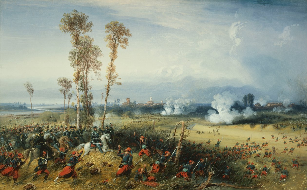 La guerre en Italie : La bataille de Palestro, le roi de Sardaigne à la tête des troupes, 1859 - Carlo Bossoli