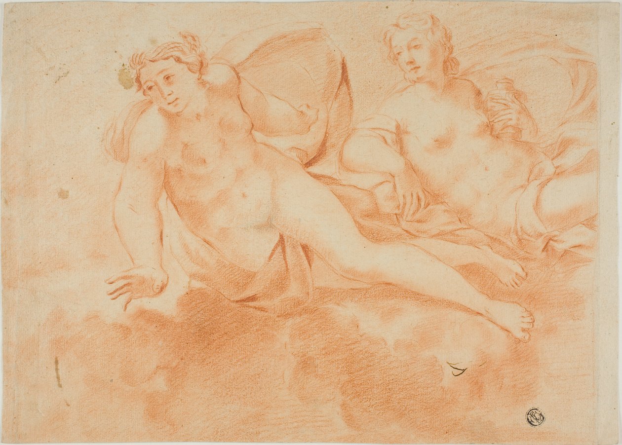 Deux figures féminines nues portées par les nuages (recto) ; fragment de figure couchée (verso) - Carlo Cignani