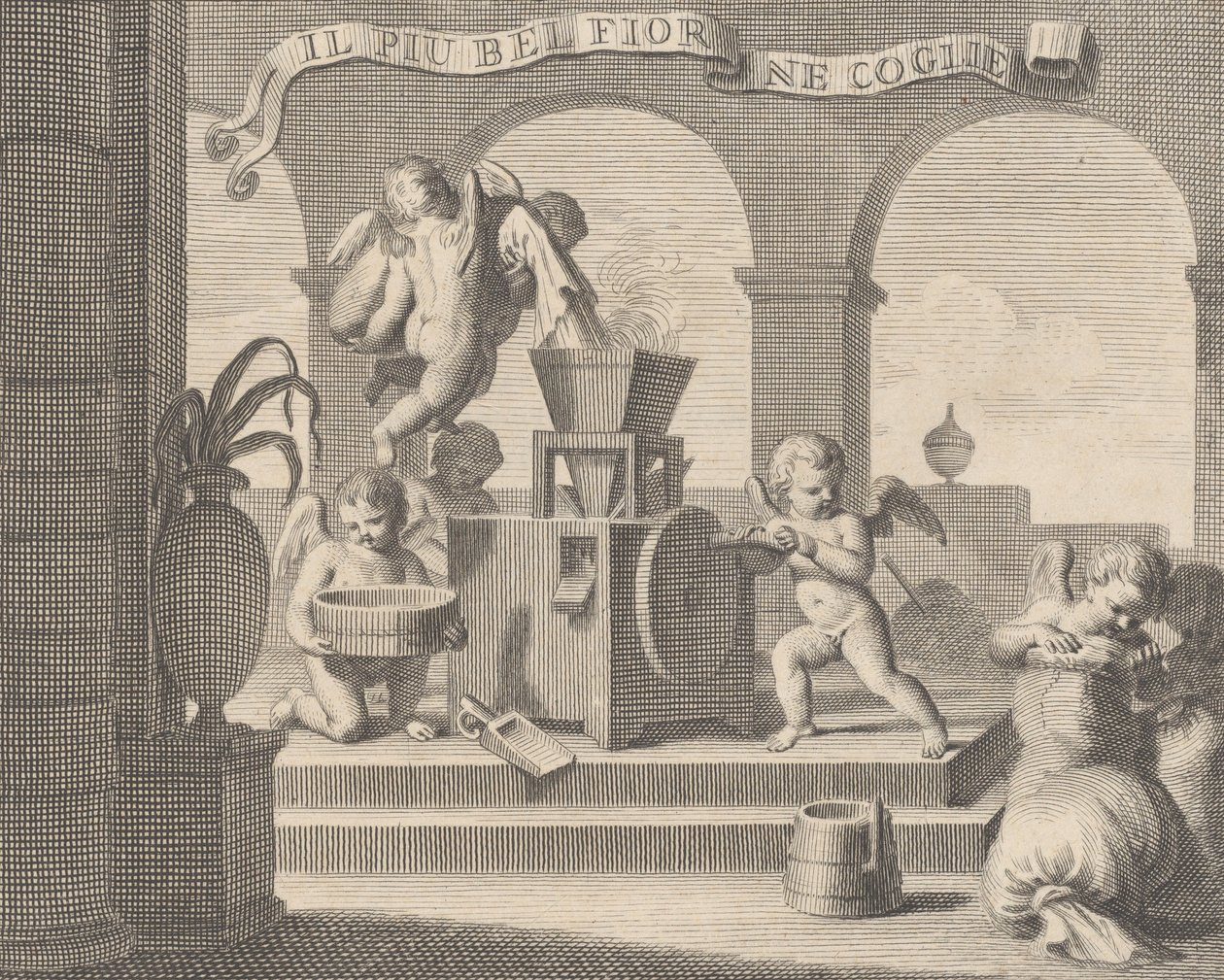 Elle cueille la plus belle fleur Il piu bel fior ne coglie, un groupe de six putti travaillant..., 1740-59 - Carlo Gregori