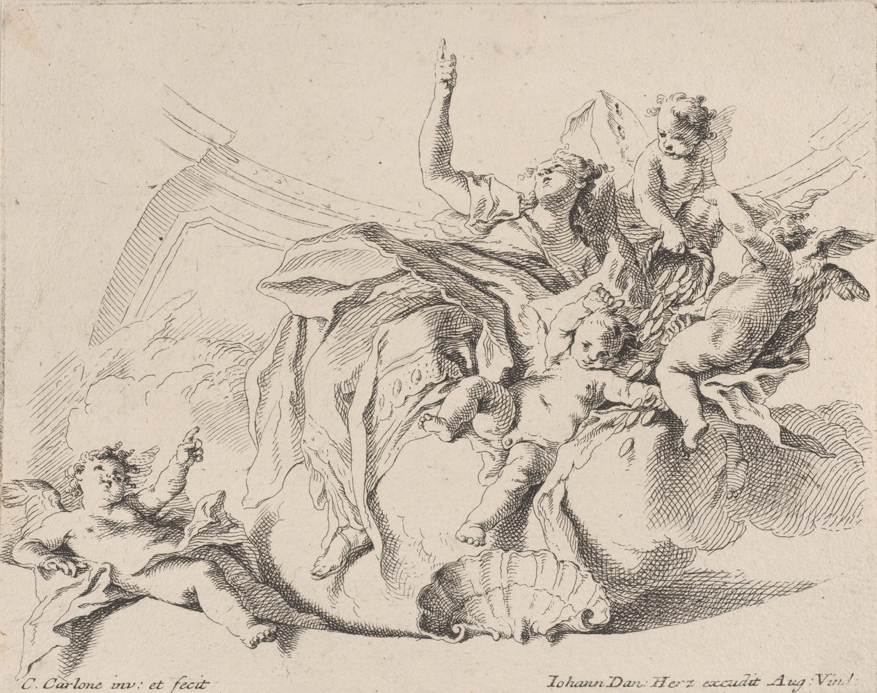 La Richesse, représentée par une femme assise sur des nuages et entourée de putti - Carlo Innocenzo Carloni