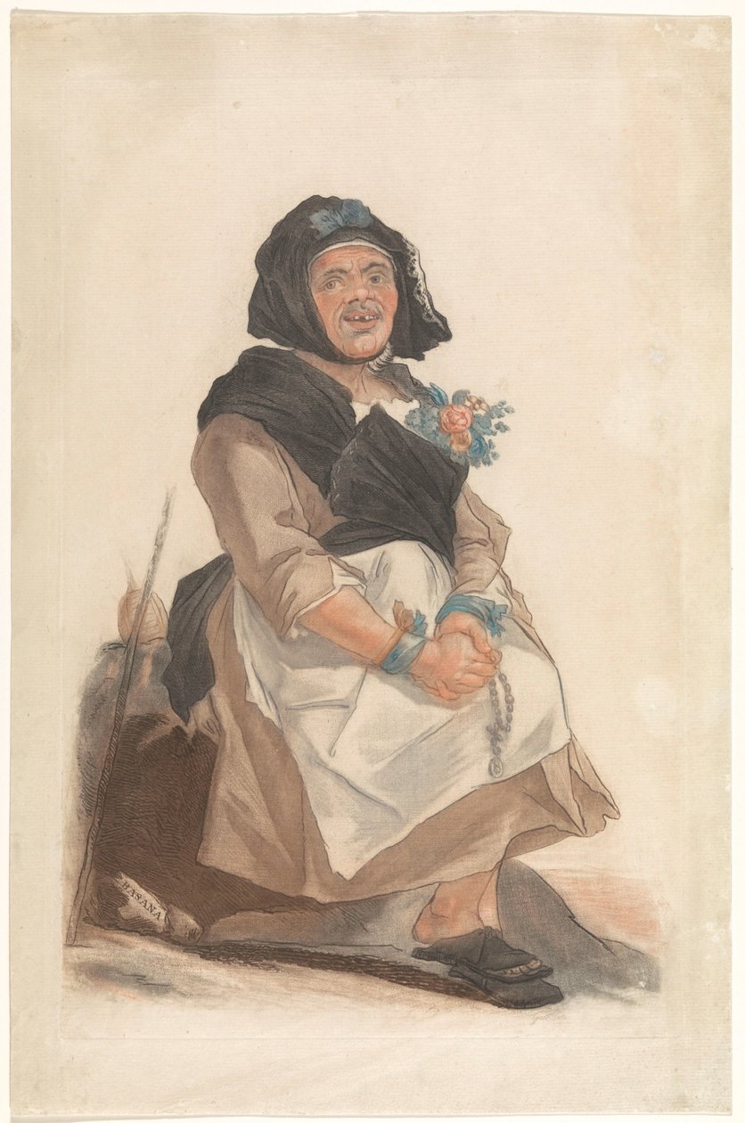 Homme déguisé en femme avec un chapelet, assis - Carlo Lasinio