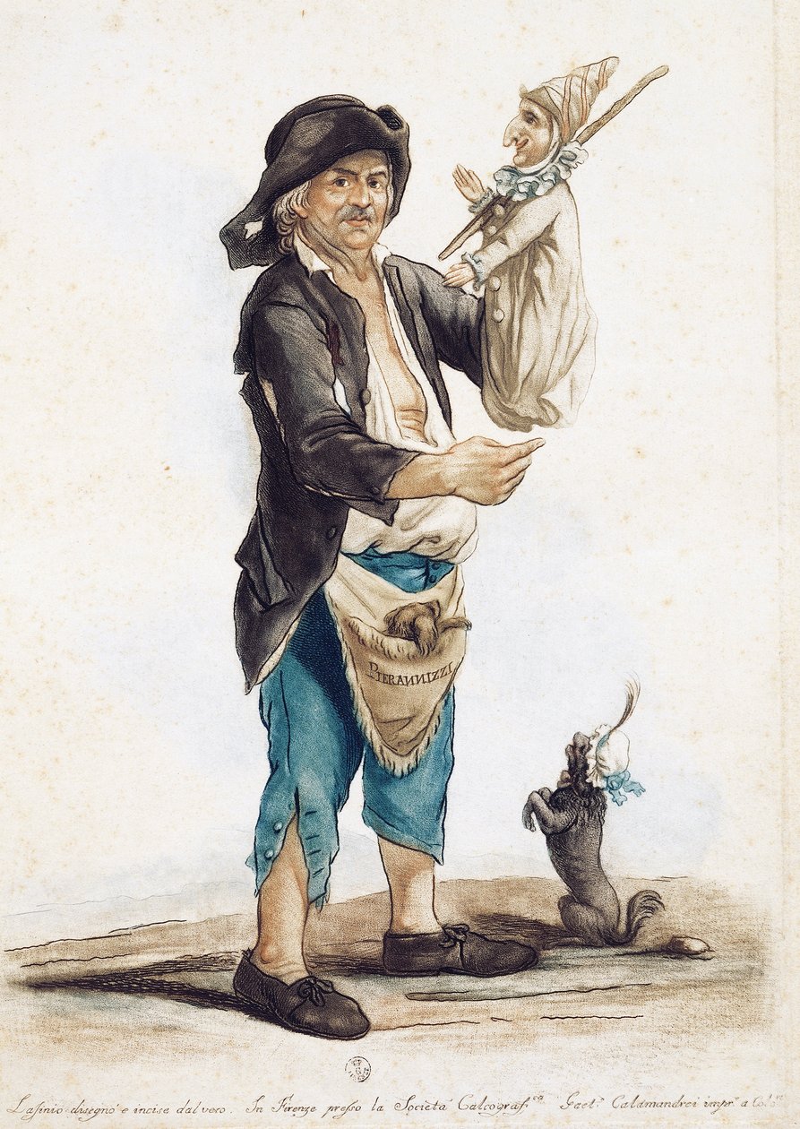 Marionnettiste Pierannizzi, dessin et gravure en couleur par Carlo Lasinio, Italie - Carlo Lasinio