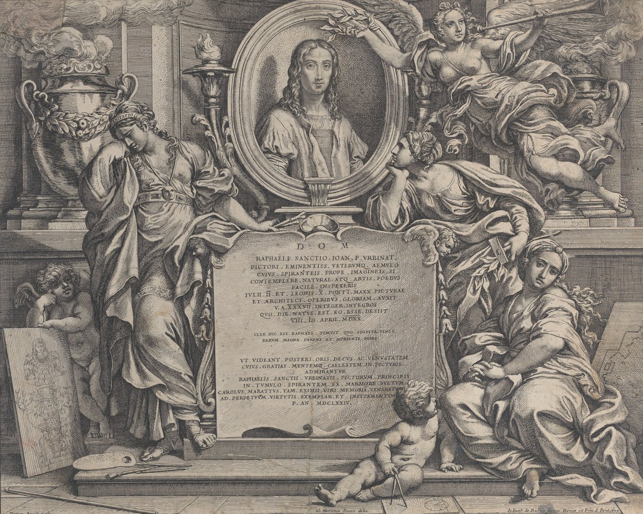 Frontispice avec portrait ovale de Raphaël, avec trois figures allégoriques des Arts, 1675 - Carlo Maratti