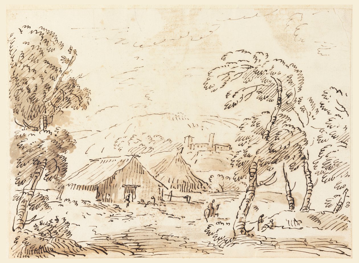 Habitation paysanne et château dans une campagne montagneuse - Carlo Marchionni