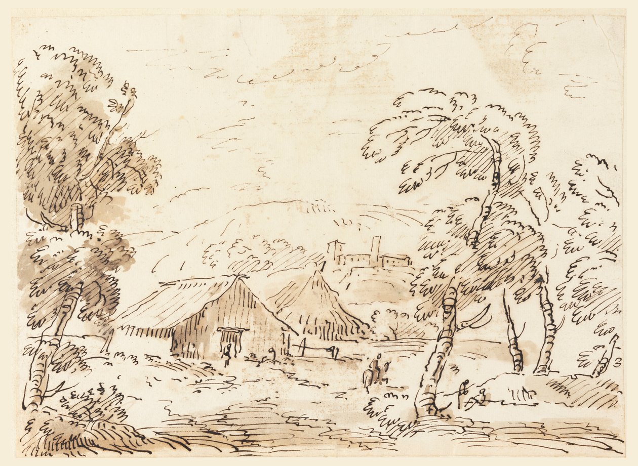 Dessin, Une maison de paysan et un château dans une campagne montagneuse, 1762-1786 - Carlo Marchionni