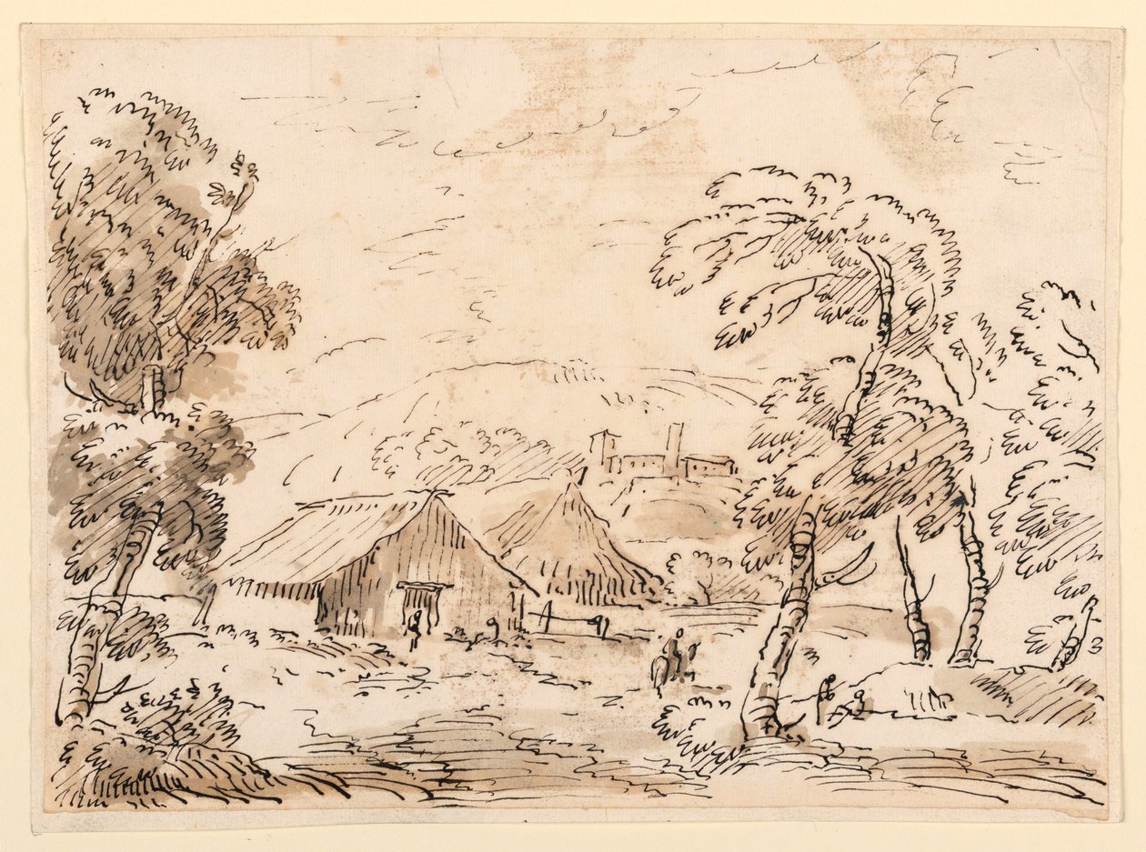 Dessin, Une maison de paysan et un château dans une campagne montagneuse, 1762-1786 - Carlo Marchionni