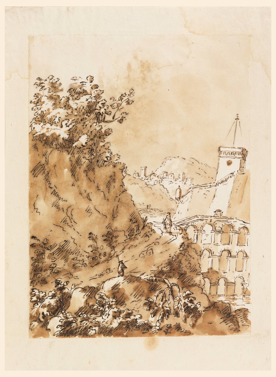 Dessin, Paysage avec ville de montagne, 1760-80 - Carlo Marchionni