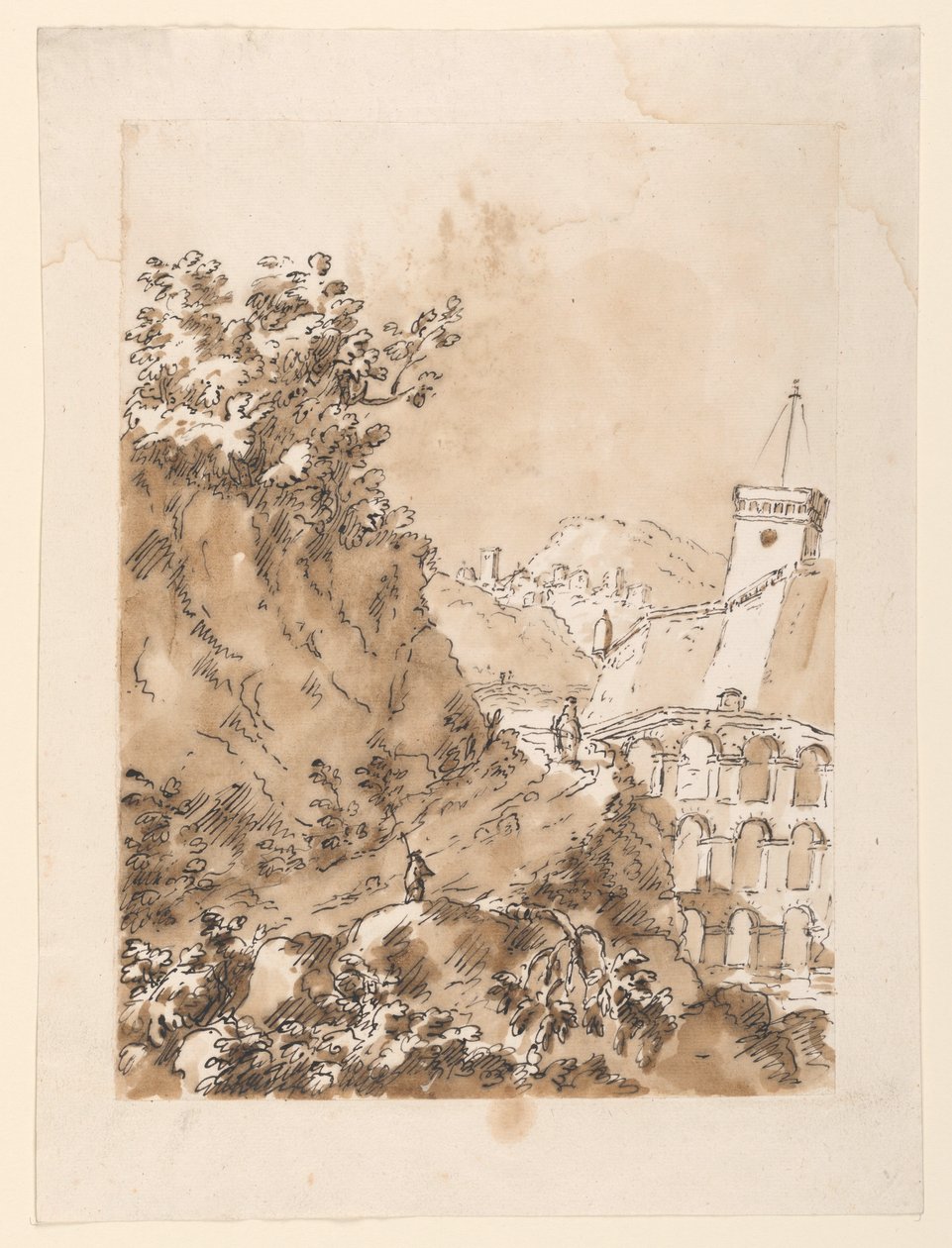 Dessin, Paysage avec ville de montagne, 1760-80 - Carlo Marchionni