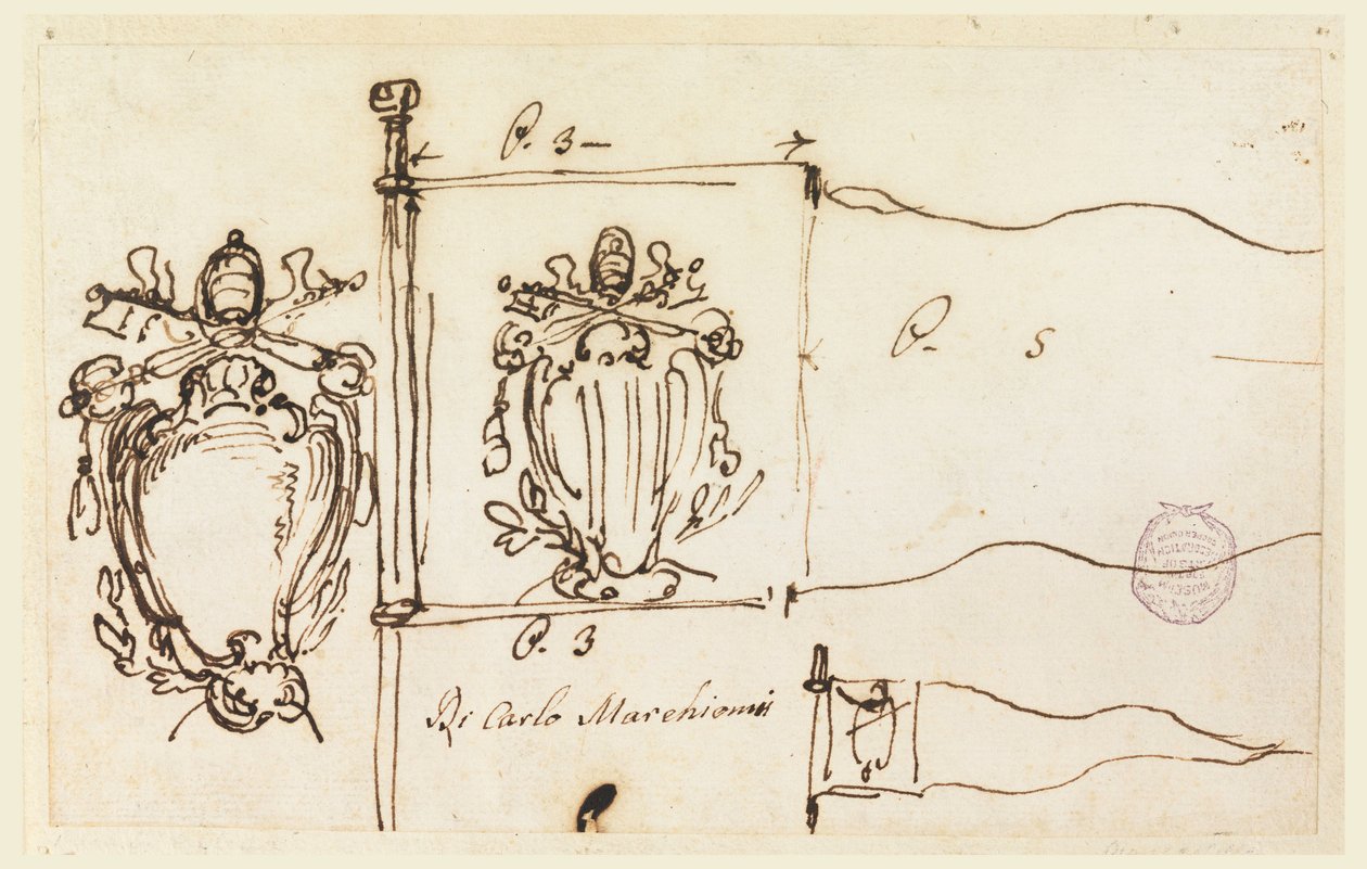 Dessin, Trois esquisses pour un étendard du pape Benoît XIV, 1740-58 - Carlo Marchionni