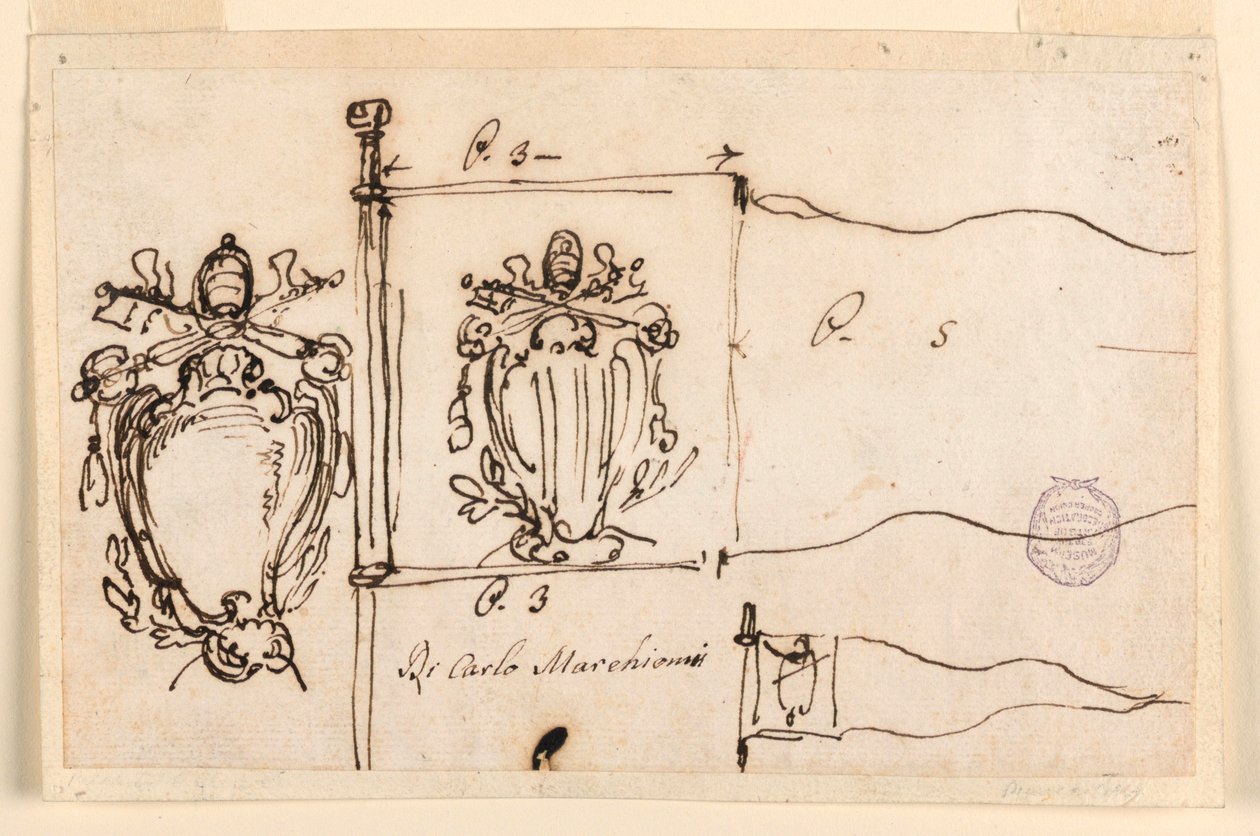 Dessin, Trois esquisses pour un étendard du pape Benoît XIV, 1740-58 - Carlo Marchionni