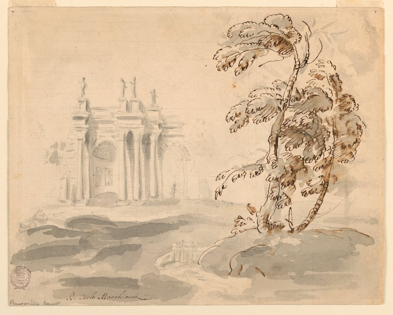 Dessin, arbre dans un paysage avec un bâtiment, 1756-78 - Carlo Marchionni