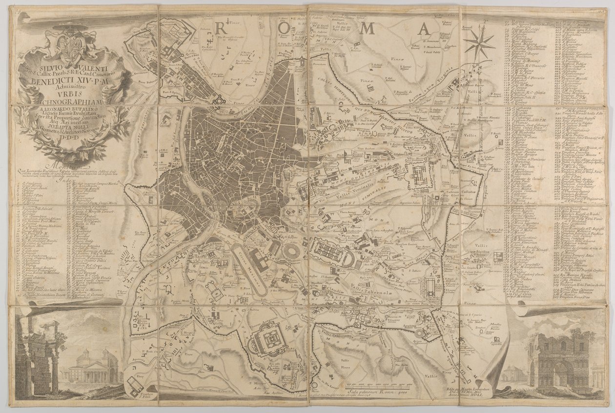 Plan de la Rome antique avec une vue du Panthéon en bas à gauche et un arc de triomphe en bas à droite, 1748 - Carlo Nolli