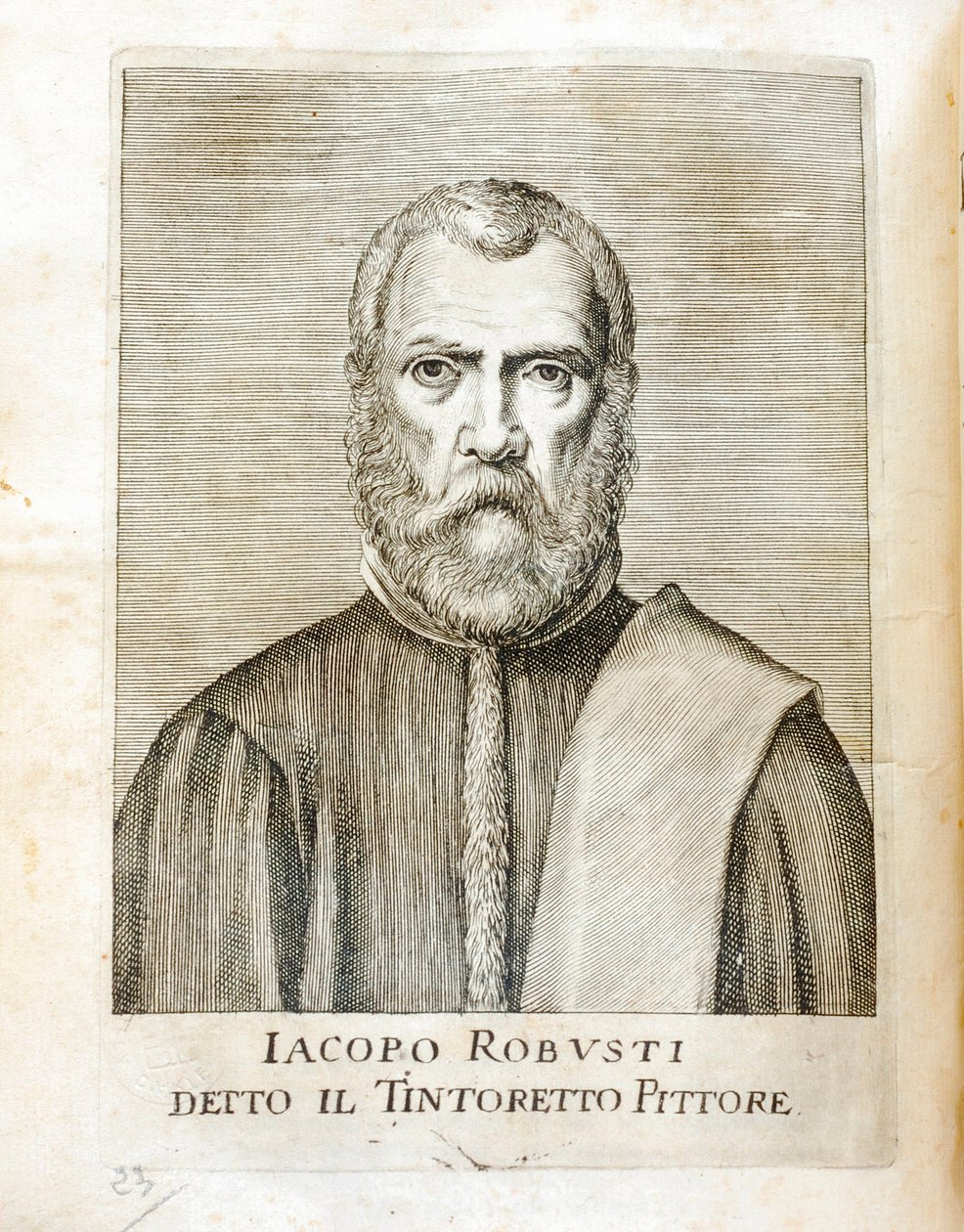 Portrait de Jacopo Robusti dit le Tintoret (Tintoretto) (1518-1594) peintre italien Gravure de « Maraviglie dell