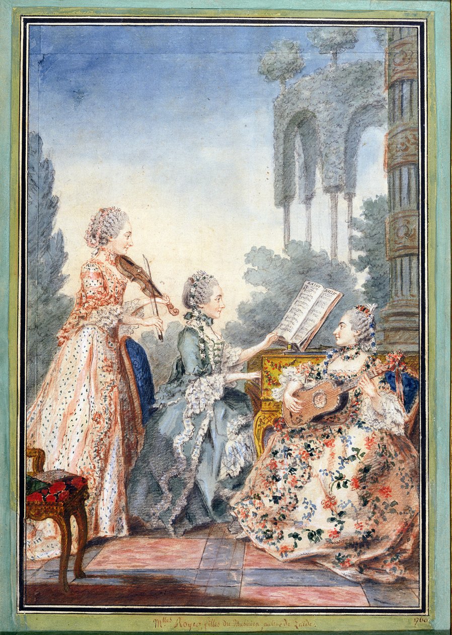 Les trois filles du compositeur Joseph-Nicolas-Pancrace Royer (c.1705-55) jouant de la musique de son ballet Zaïde, vers 1760 - Louis Carrogis dit Carmontelle