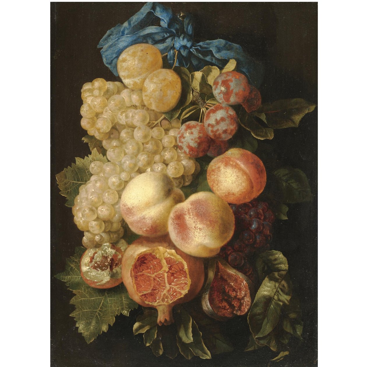 Nature morte avec des prunes, des raisins, des pêches et une grenade attachée avec un ruban bleu. - Carstian Luyckx