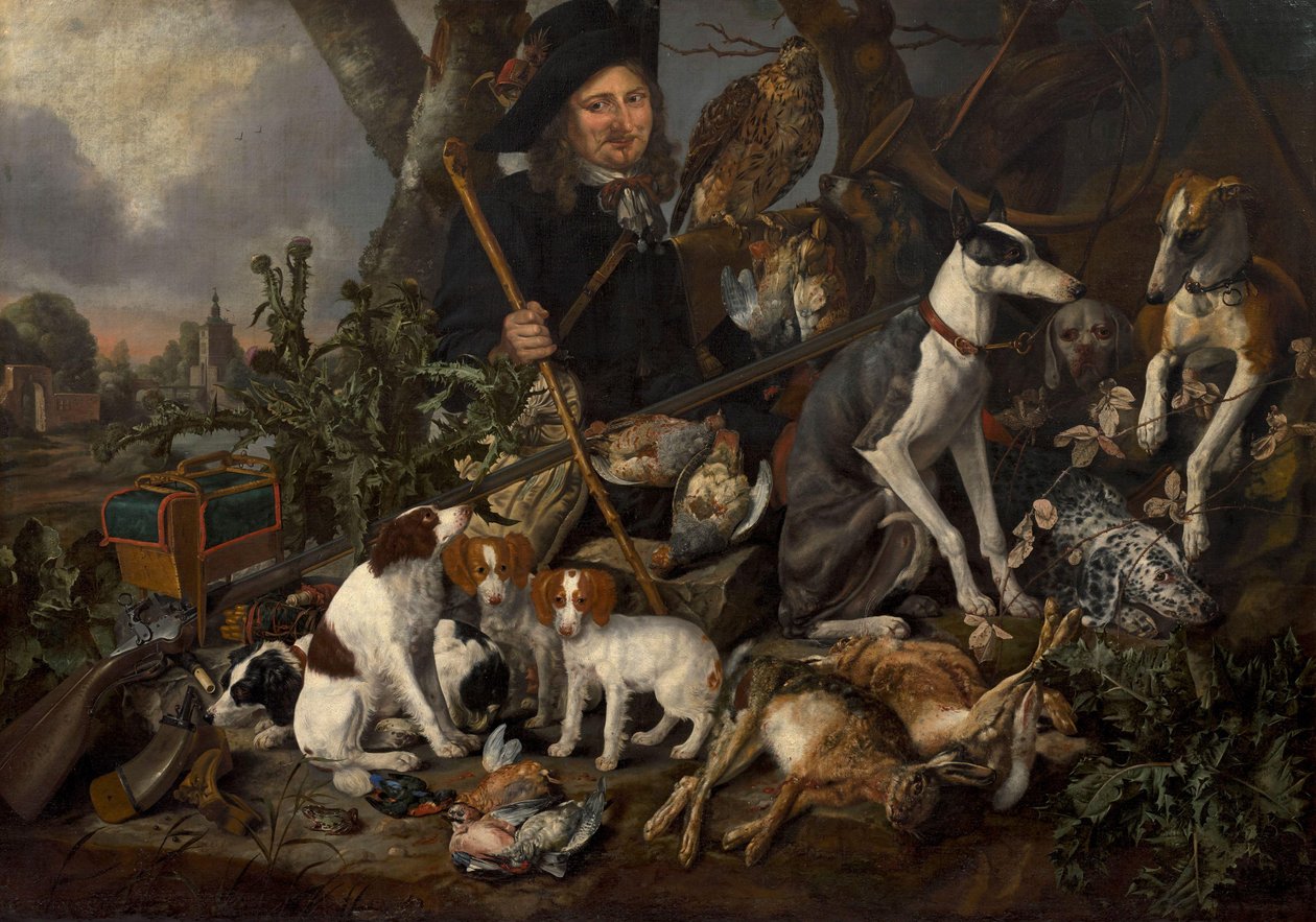 Gentleman chasseur avec sa meute de chiens et ses trophées de chasse - Carstian Luyckx