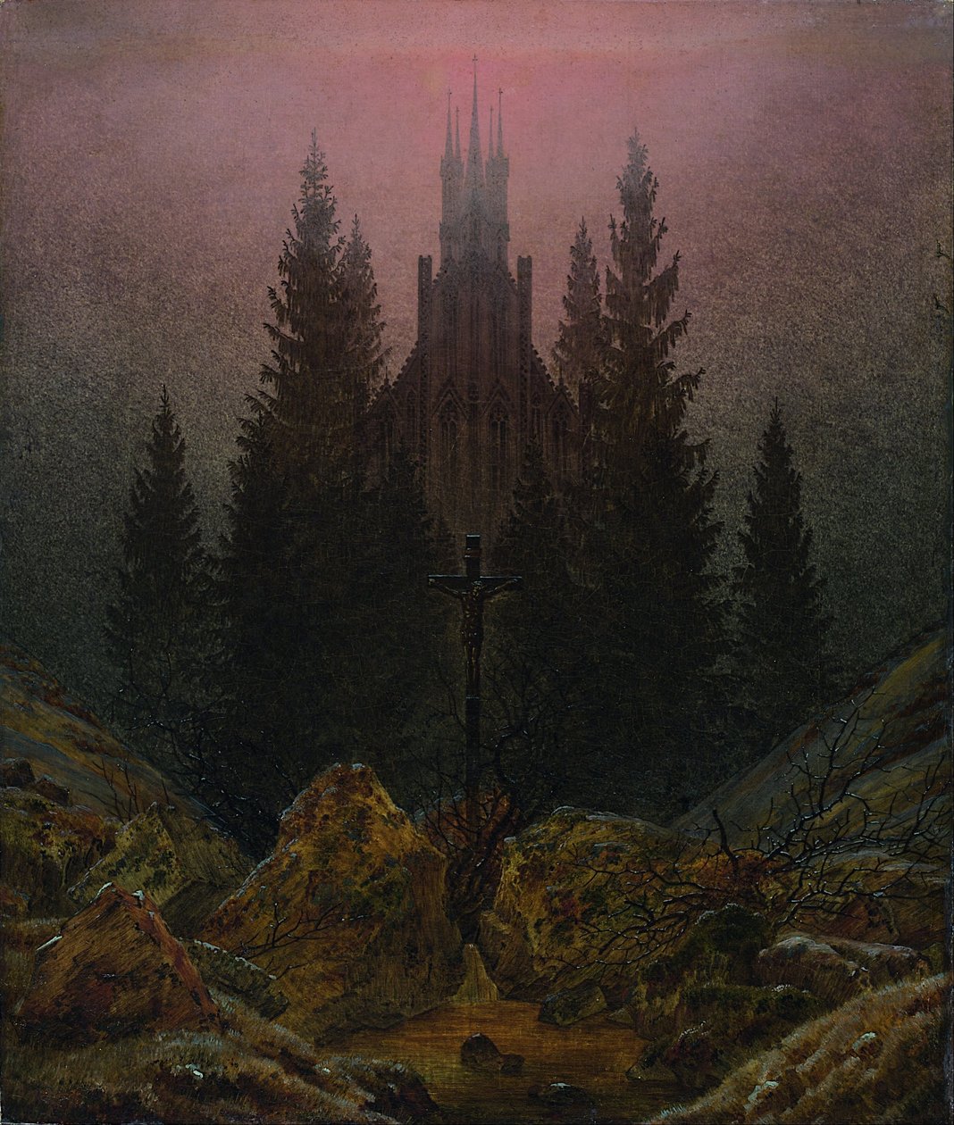 Croix et cathédrale dans les montagnes - Caspar David Friedrich