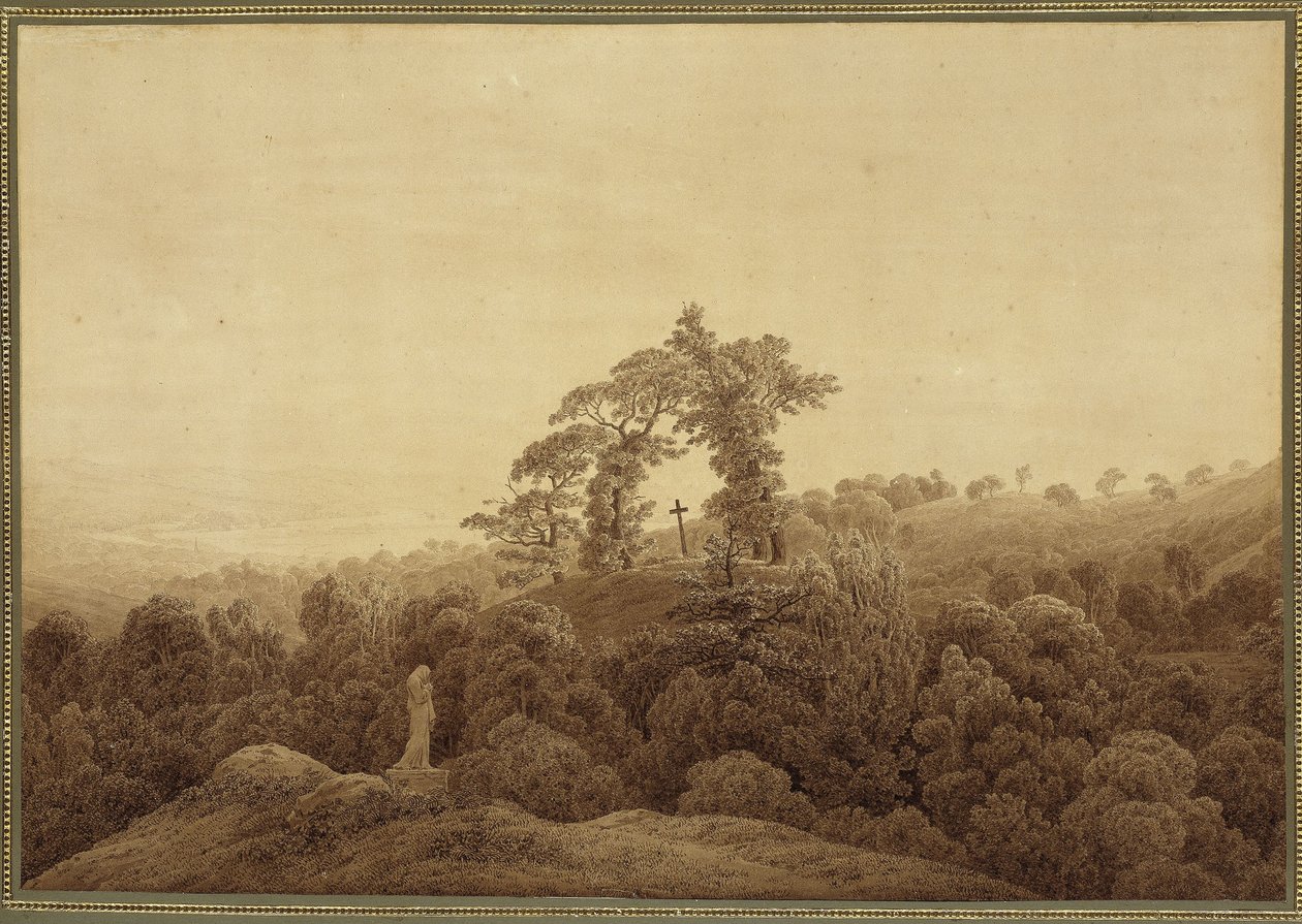 Paysage côtier avec une croix et une statue - Caspar David Friedrich