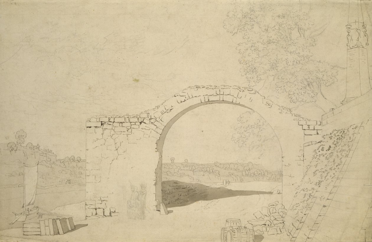 Paysage fluvial avec une arche (inachevé) - Caspar David Friedrich