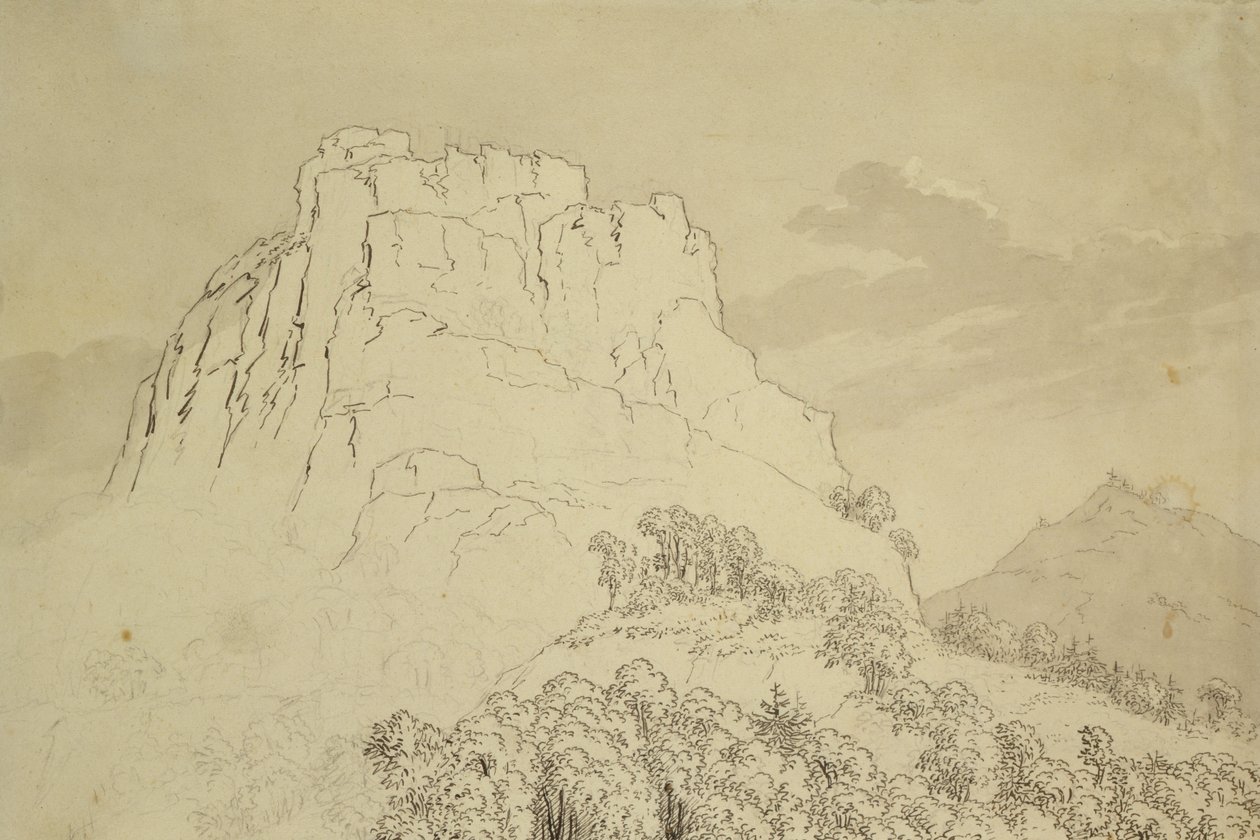 Sommet rocheux avec une colline boisée devant - Caspar David Friedrich