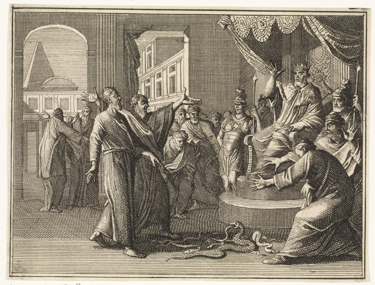 Le bâton de Moïse, transformé en serpent, dévore ceux des magiciens égyptiens - Caspar Luyken