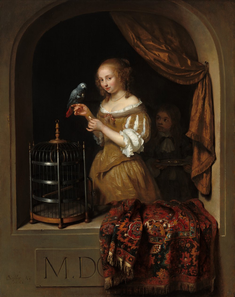 Une femme nourrissant un perroquet, avec un page - Caspar Netscher