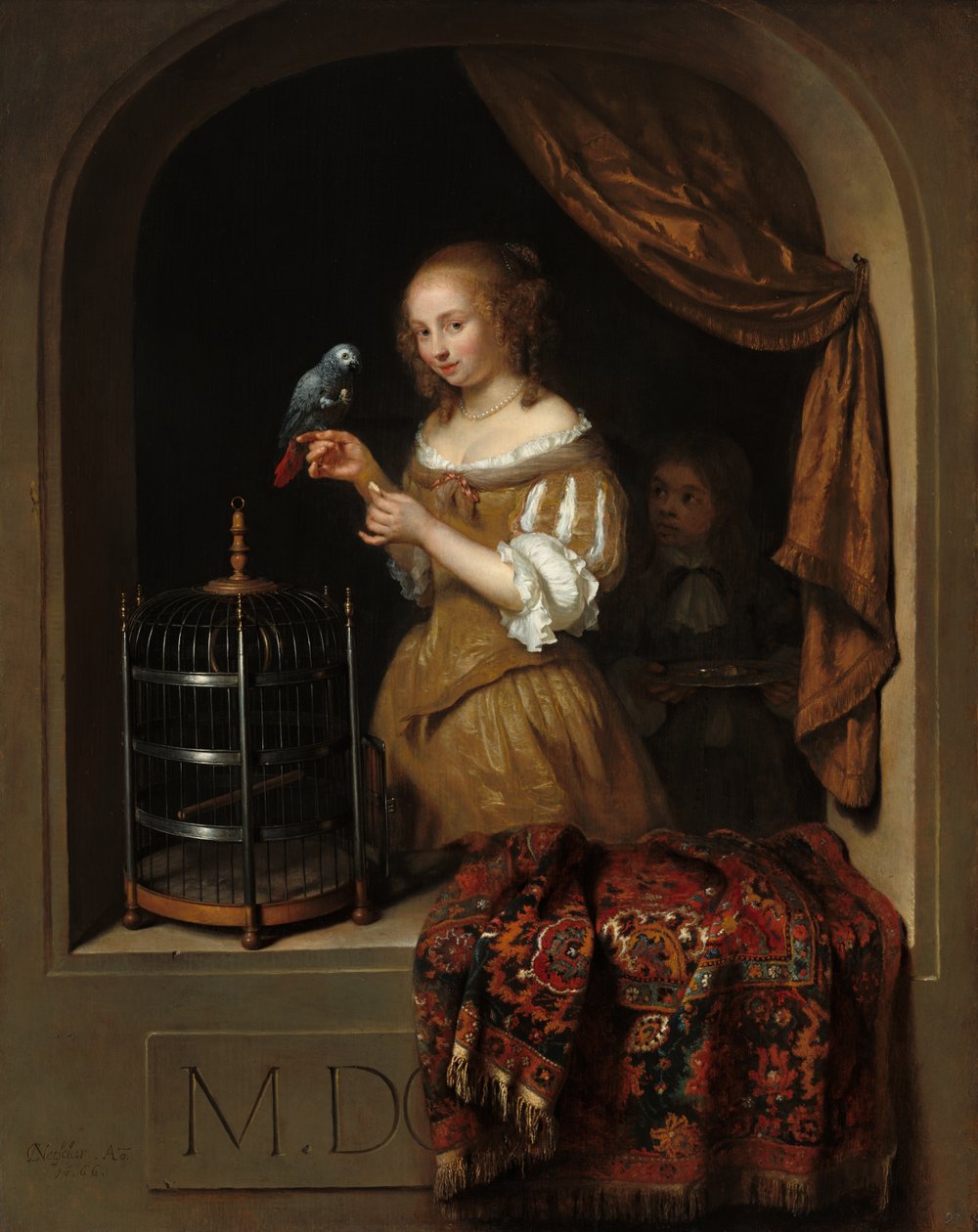 Une Femme Nourrissant un Perroquet, avec un Page - Caspar Netscher