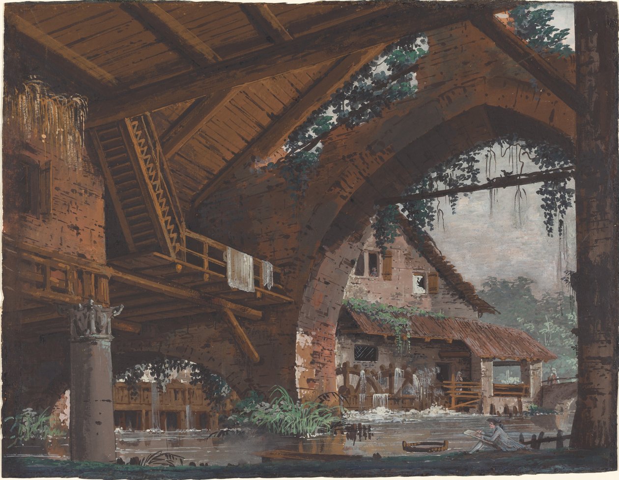 Fantaisie Architecturale de Ruines Antiques avec un Moulin à Eau - Caspar Wolf