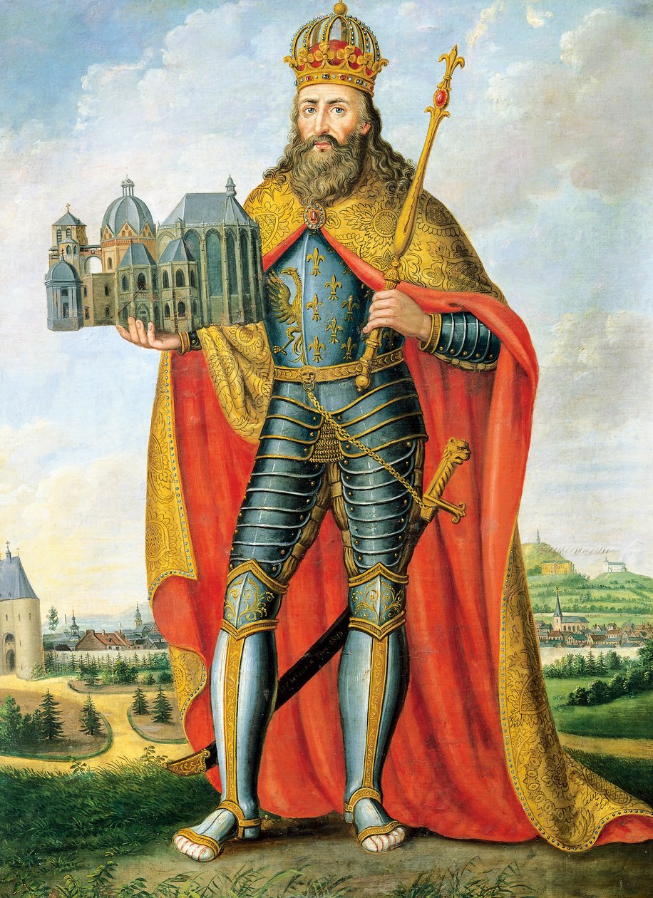 Portrait de Charlemagne, roi des Francs et des Lombards et empereur du Saint-Empire romain germanique, debout avec modèle de la chapelle palatine - Casper Johann Nepomuk Scheuren