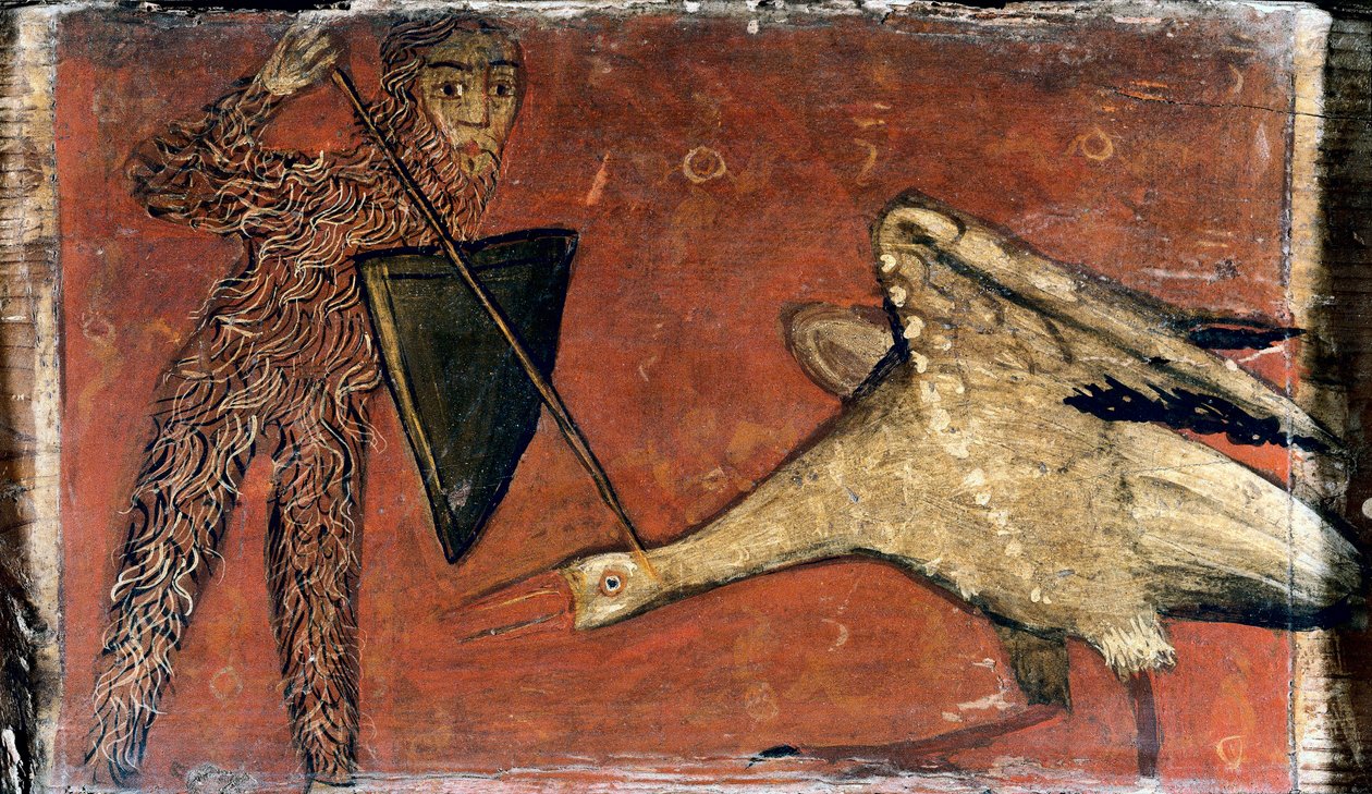Combat entre un chevalier et une grue, Panneau de plafond - Catalan School