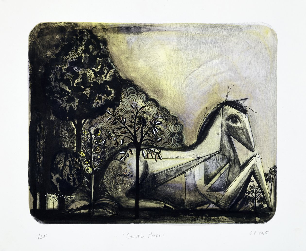 Gentle Horse, 2015 (lithographie mokulito avec coloriage à la main) - Cathie Pilkington