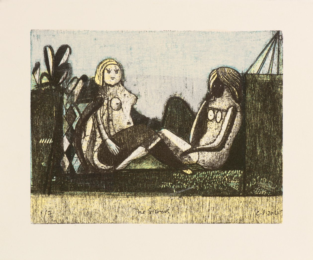 Les sœurs, 2014 (lithographies mokulito avec coloriage à la main) - Cathie Pilkington