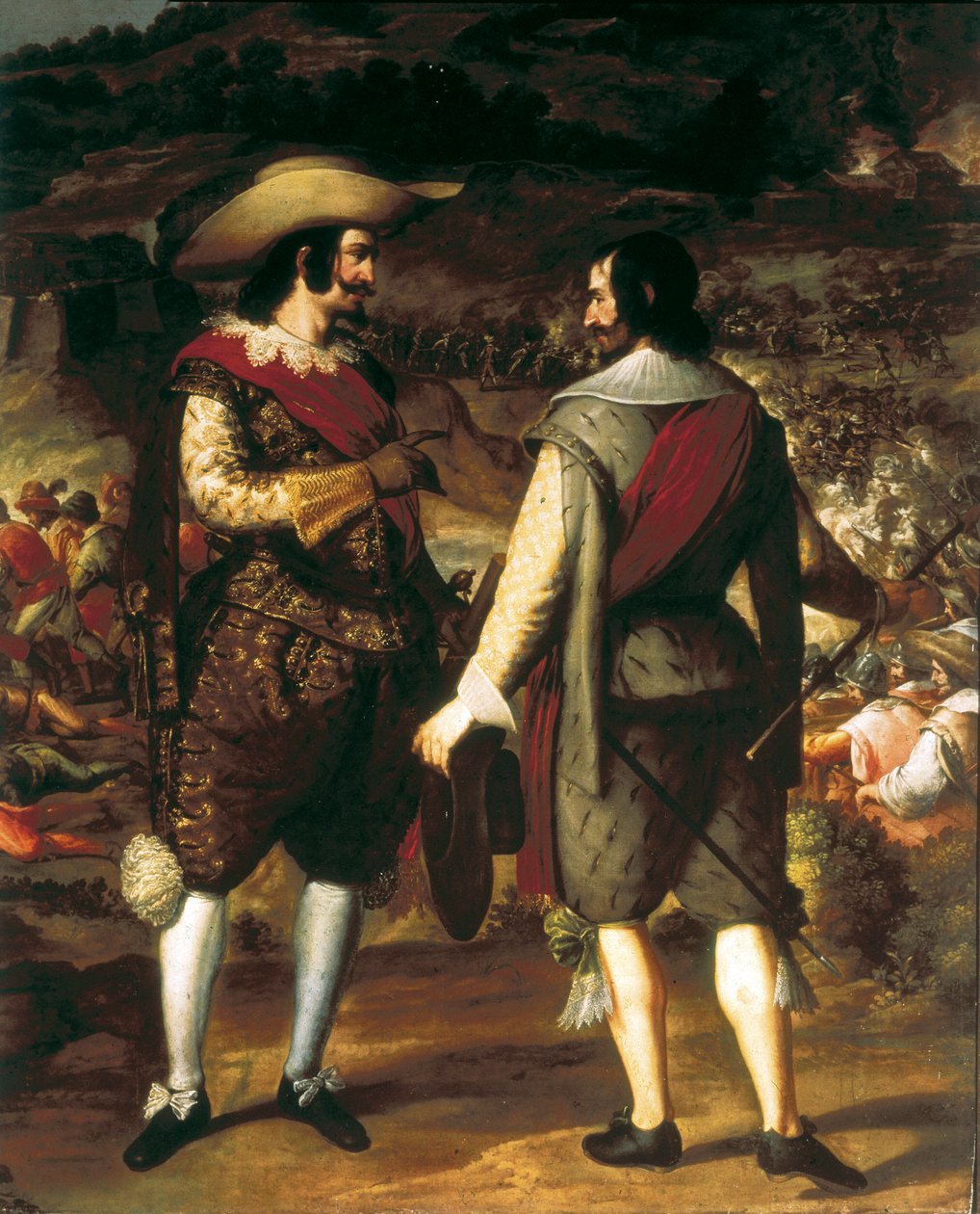 La capture de San Juan à Porto Rico (1625). Détail. Au premier plan, Don Juan de Haro parle à son assistant. Derrière lui, la forteresse gardée par les Espagnols qui forcent les Hollandais à partir. Peinture d