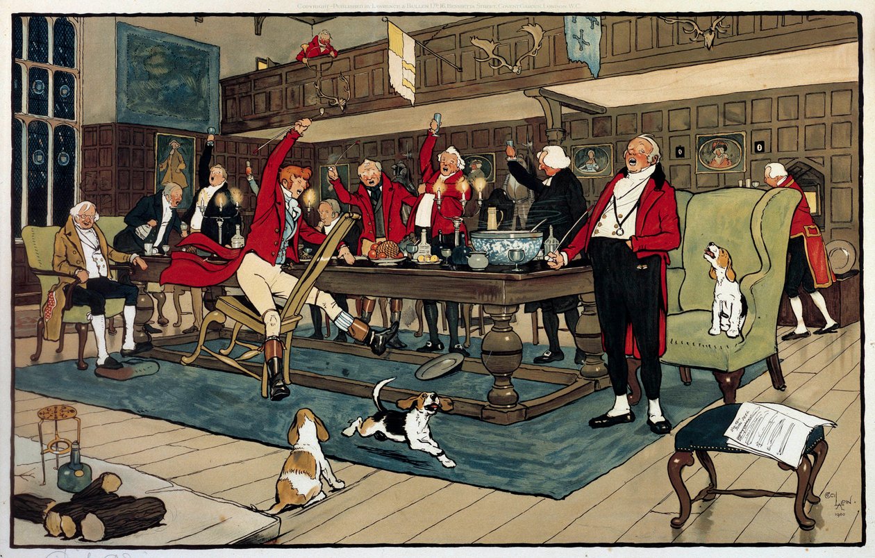 Petit déjeuner du chasseur. De retour de la chasse, les chasseurs racontent leurs exploits. Gravure de Cecil Aldin (1870 -? ), Angleterre. Coll. Go. - Cecil Charles Windsor Aldin